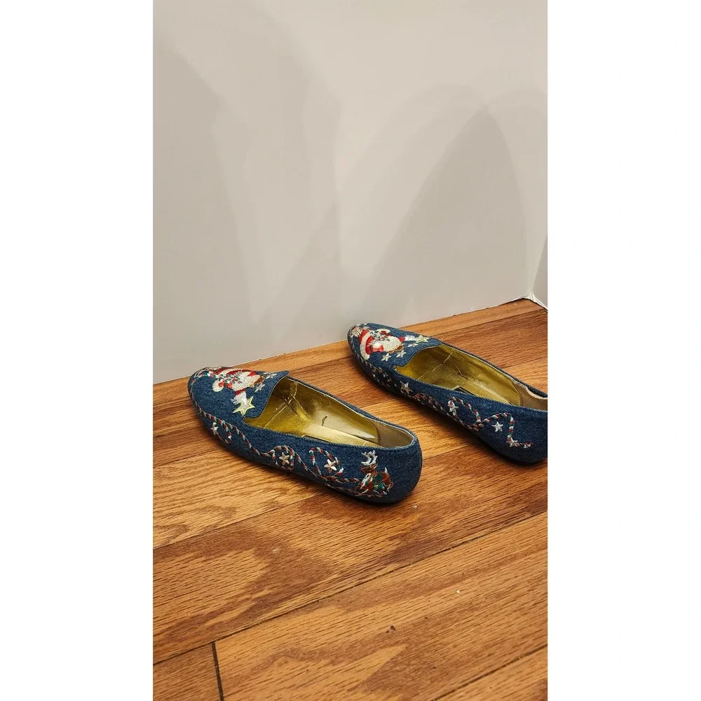 J Renee Santa Holiday Ballet Flats Women's 7 M‎ Blue Embroidered Slip On Vintage